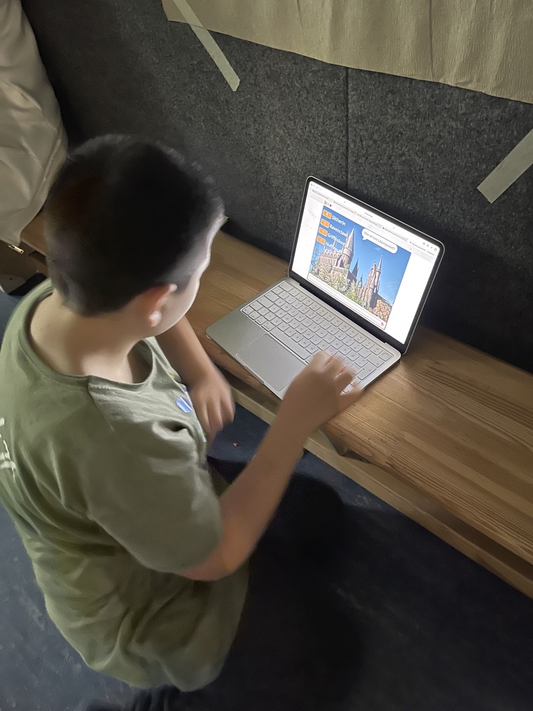 Junge gibt am Laptop ein Lösungswort ein