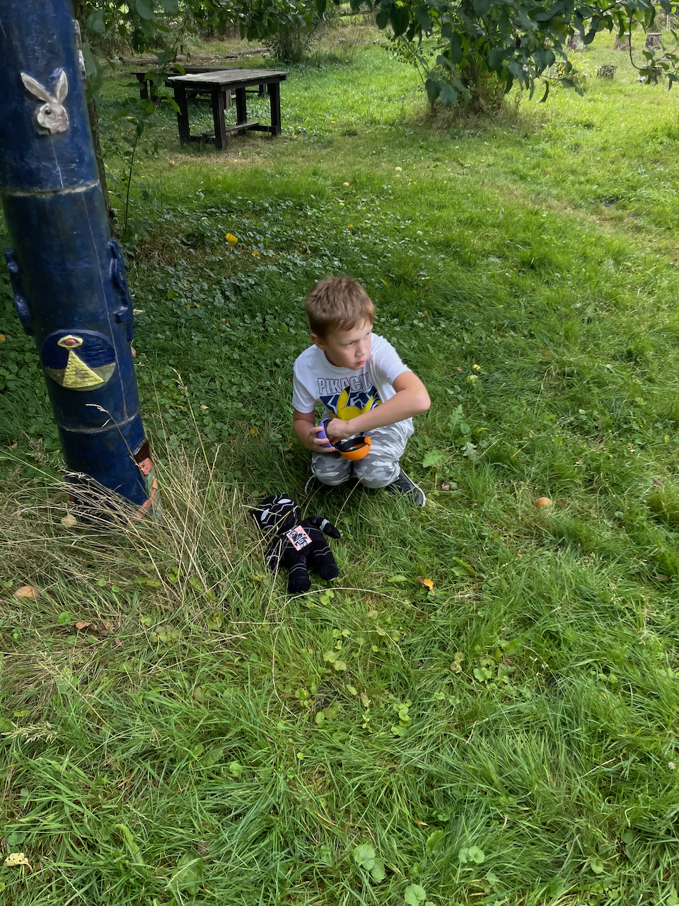 Junge auf Wiese bei einem Kuscheltier